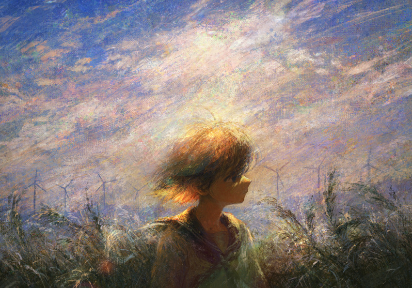 1girl absurdres backlighting brown_hair cloud cloudy_sky expressionless grass highres neckerchief omocheese original outdoors painterly profile sailor_collar school_uniform serafuku shirt short_hair sky solo sunlight susuki_grass tall_grass upper_body wind_turbine windmill