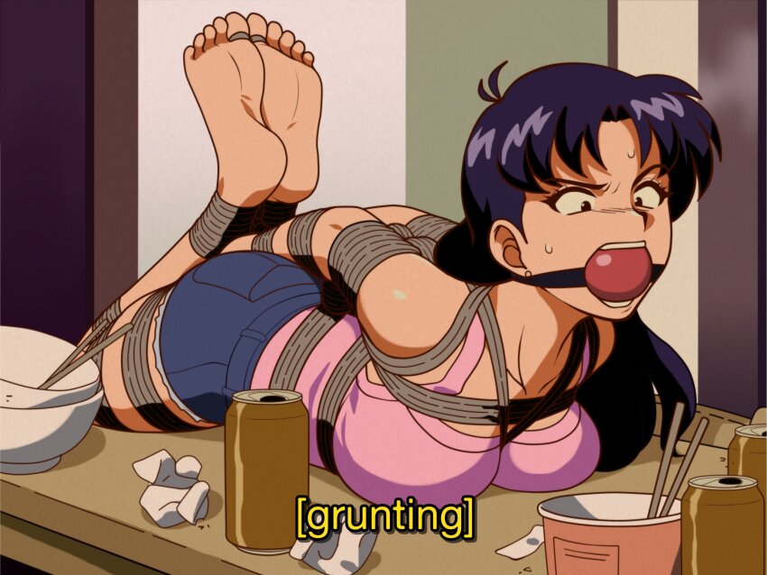 1girl arms_behind_back ball_gag bare_shoulders barefoot bdsm bondage bound bound_arms breasts can curtained_hair denim denim_shorts english_text feet gag gagged highres hogtie indoors jam-orbital katsuragi_misato large_breasts long_hair lying neon_genesis_evangelion on_stomach pink_shirt purple_hair restrained rope sanpaku shibari shibari_over_clothes shirt short_shorts shorts sleeveless sleeveless_shirt solo sweat the_pose