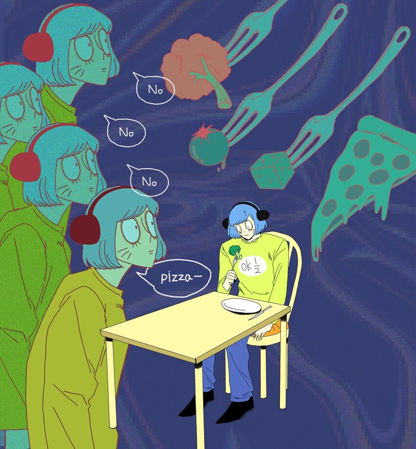 1boy animal_ears black_eyes blue_background blue_hair broccoli cherry_tomato coco_199788 facial_mark fake_animal_ears food fork highres holding holding_fork male_focus multiple_views nyon_(randal&#039;s_friends) pizza plate randal&#039;s_friends short_hair sitting solo table tofu tomato vegetable whisker_markings