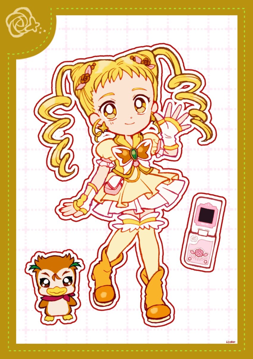 1girl animal_print beads bird blonde_hair boots border bow bowtie brown_bow brown_bowtie brown_flower brown_rose butterfly_earrings butterfly_print cellphone closed_mouth collared_vest cure_lemonade deformed dot_nose dotted_line dress drill_hair earrings eyelashes fingerless_gloves flip_phone flower forehead frilled_sleeves frilled_socks frills full_body gloves green_brooch grid_background hair_beads hair_bow hair_flower hair_ornament hand_up happy high_heel_boots high_heels highres jewelry kasugano_urara_(yes!_precure_5) long_hair looking_at_viewer magical_girl miniskirt outline over-kneehighs penguin phone pink_bag pink_bow pleated_dress pleated_skirt precure puffy_short_sleeves puffy_sleeves rose short_dress short_sleeves signature skirt skirt_under_dress smile socks standing syrup_(yes!_precure_5) tareme thighhighs twin_drills two-tone_bag uwded_207 vest waist_bag waving white_background white_bag white_gloves white_outline white_skirt yellow_boots yellow_border yellow_dress yellow_eyes yellow_socks yellow_vest yes!_precure_5 yes!_precure_5_gogo!