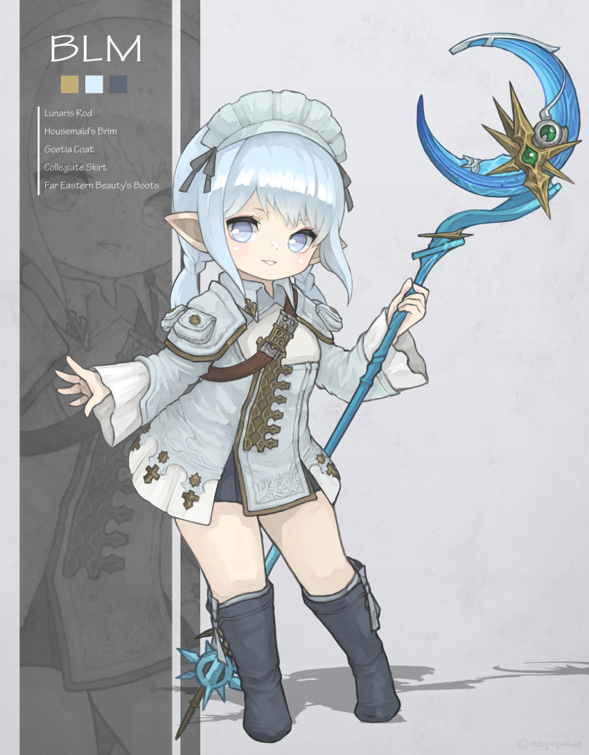 1girl absurdres black_mage_(final_fantasy) blue_eyes blue_footwear blue_hair blue_shirt blue_shorts boots english_text final_fantasy final_fantasy_xiv flat_chest full_body highres holding holding_staff knee_boots lalafell leaning_to_the_side light_blue_hair light_blush long_bangs looking_at_viewer mage_staff multiple_views open_mouth pointy_ears puluie shadow shiny_skin shirt short_shorts shorts smile staff teeth twintails warrior_of_light_(ff14) white_headdress wide_sleeves