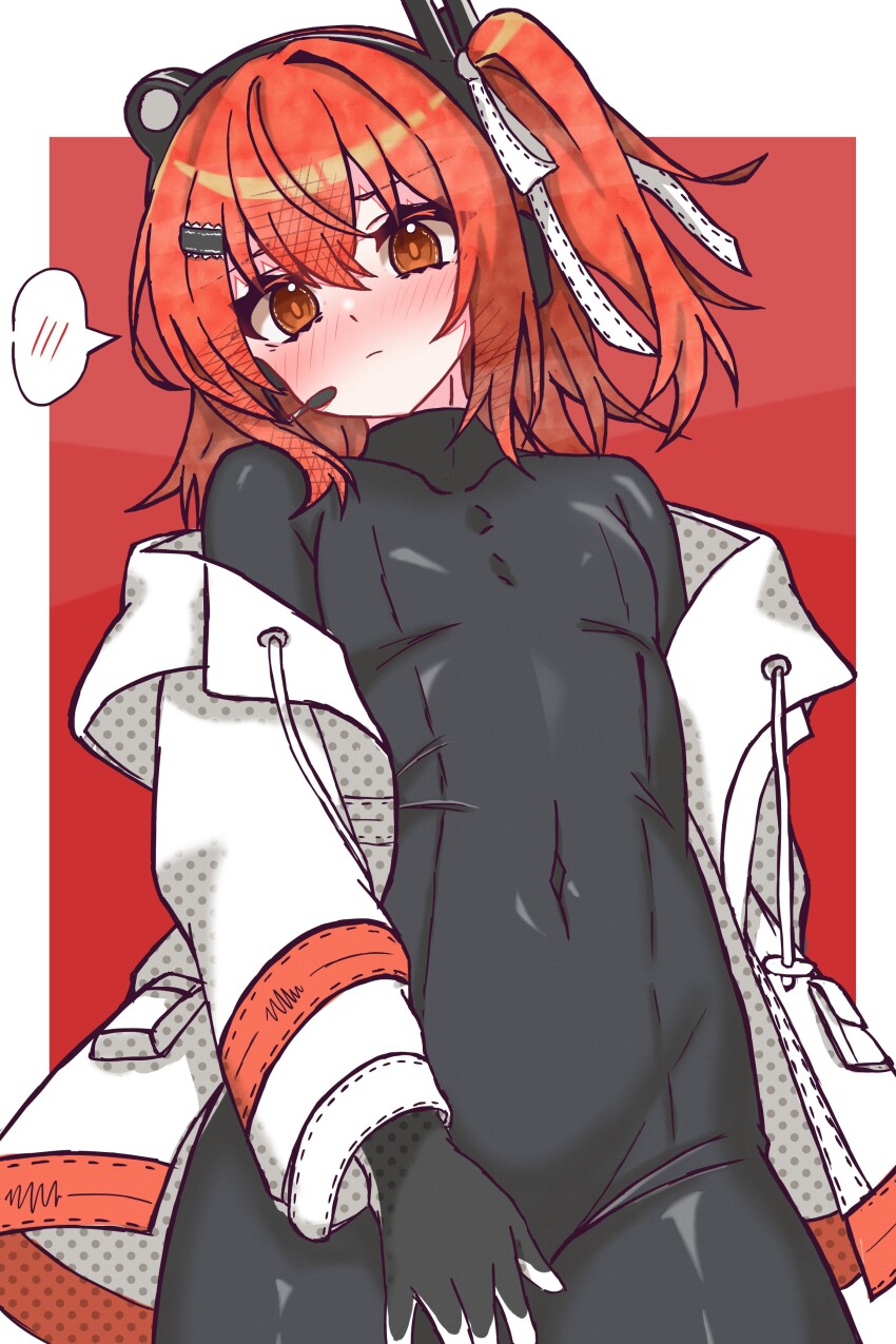 1girl ? a.i._voice absurdres adachi_rei alternate_costume black_bodysuit black_gloves blush bodysuit border closed_mouth covered_navel drawstring gloves headset highres jacket looking_at_another medium_hair noir_(noire6959) off_shoulder one_side_up open_clothes open_jacket orange_eyes orange_hair outside_border red_background solo spoken_blush utau white_border white_jacket