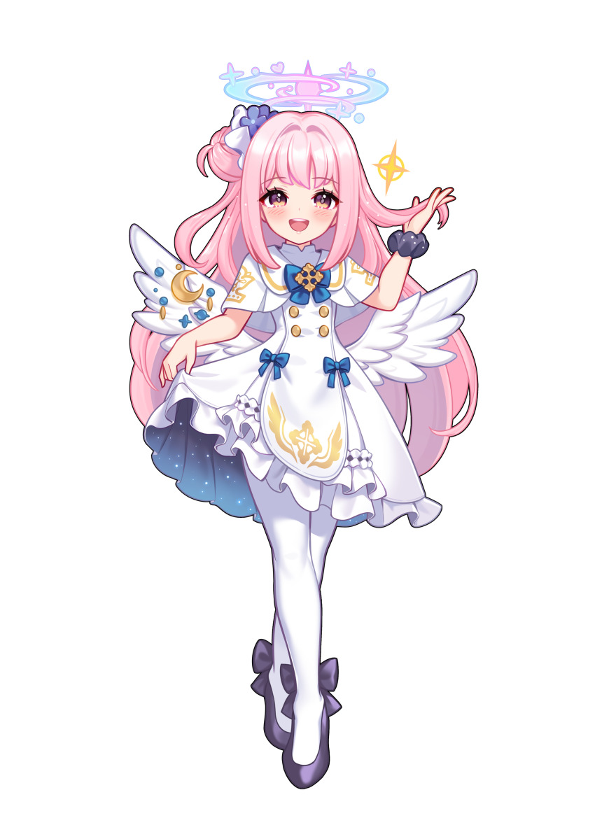 1girl :d absurdres blonde_hair blue_archive blue_bow blush bow commentary feathered_wings frilled_wristband full_body hair_bun hand_in_own_hair hand_up highres long_hair looking_at_viewer low_wings mika_(blue_archive) open_mouth pantyhose pink_hair purple_shoes shoes simple_background skirt_hold smile solo standing teeth toriseru_(rare_stone) upper_teeth_only very_long_hair white_background white_pantyhose white_wings wings
