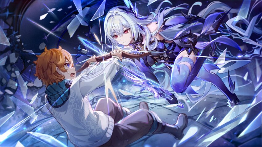 1boy 1girl aged_down blue_eyes boots brown_pants csyday dress genshin_impact grey_hair hair_between_eyes holding holding_weapon long_hair long_sleeves official_art open_mouth orange_hair pants red_eyes short_hair skirk_(genshin_impact) sweater tartaglia_(genshin_impact) thighhighs weapon white_hair white_sweater