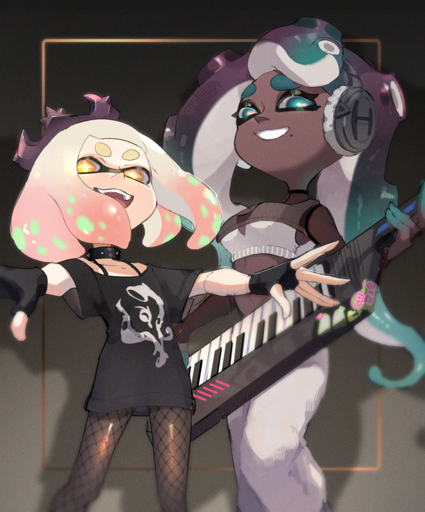2girls black_background black_collar black_gloves black_hair black_shirt cephalopod_eyes collar crown dark-skinned_female dark_skin eyelashes fingerless_gloves fishnet_pantyhose fishnets gloves gradient_background gradient_hair green_hair grey_background headphones highres holding holding_instrument inkling instrument keyboard_(instrument) keytar long_hair marina_(splatoon) marina_(springfest)_(splatoon) medium_hair mole mole_under_mouth multicolored_hair multiple_girls nintendo octoling official_alternate_costume okaranko open_mouth pantyhose pearl_(splatoon) pearl_(springfest)_(splatoon) pink_hair print_shirt red_pupils shirt simple_background smile spiked_collar spikes splatoon_(series) splatoon_3 star-shaped_pupils star_(symbol) symbol-shaped_pupils teeth tentacle_hair thick_eyebrows two-tone_hair very_dark_skin white_hair yellow_pupils
