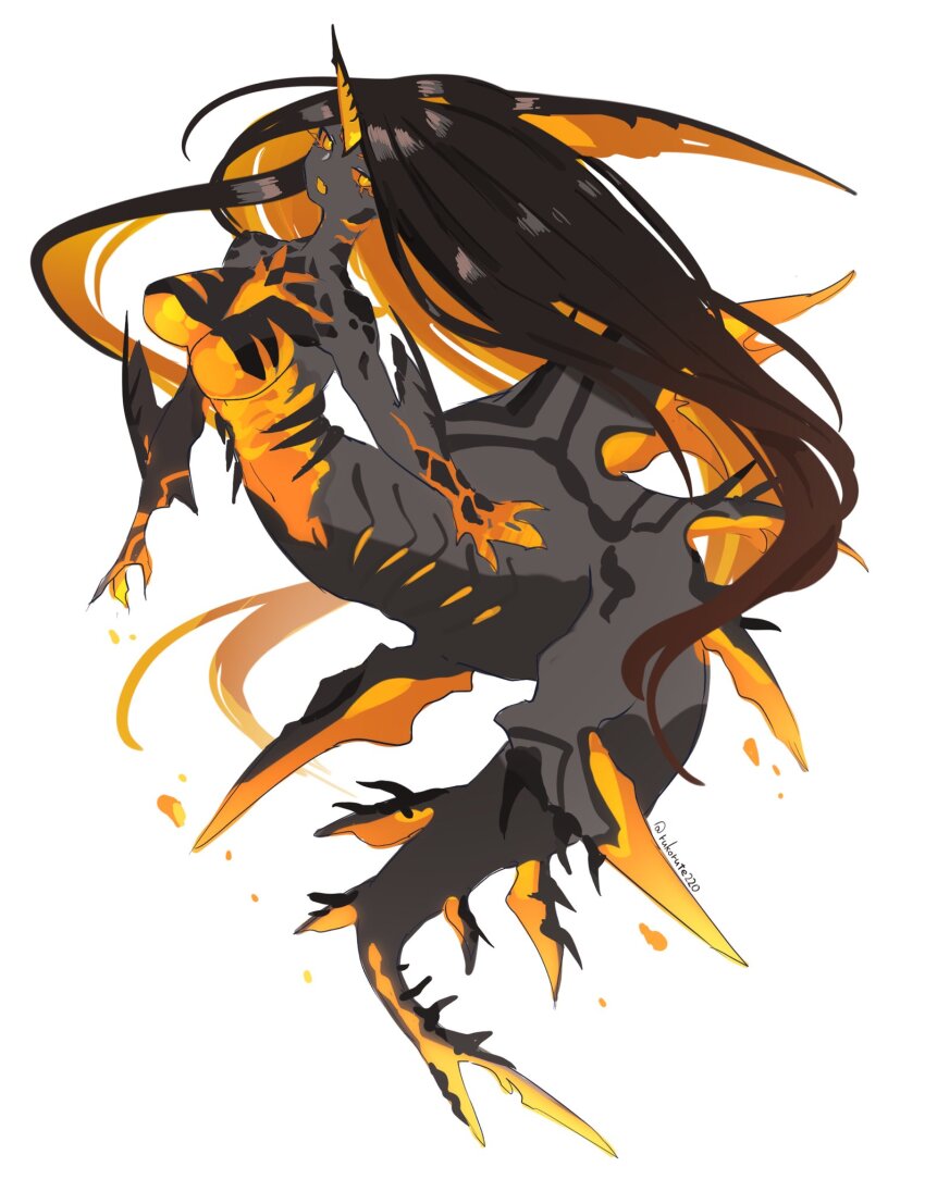 1girl artist_name black_skin breasts brown_hair claws colored_inner_hair colored_sclera colored_skin colored_tongue completely_nude fang fins full_body gills gradient_hair head_fins highres horns large_breasts long_hair looking_at_viewer mermaid lava monster_girl multicolored_hair multicolored_skin nude open_mouth orange_eyes orange_hair orange_horns orange_sclera orange_skin orange_tongue original ruteko_(ruko220) shark_girl simple_background single_horn skin_fang slit_pupils solo twitter_username very_long_hair white_background
