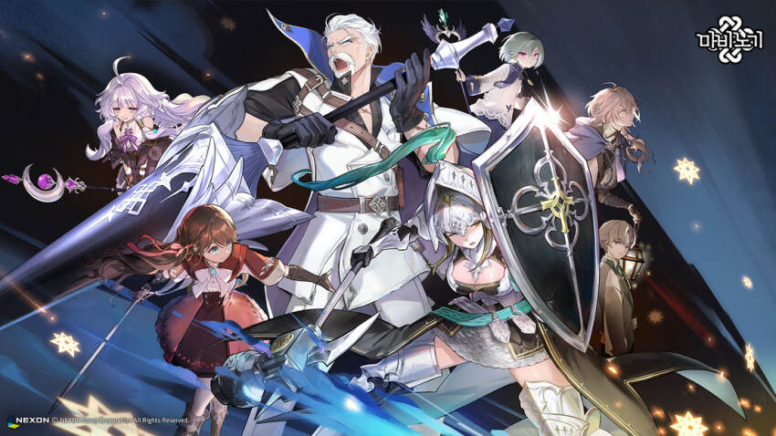 armor cowenna eochaid_(mabinogi) fighting_stance holding holding_weapon iolar_(mabinogi) lance loiscneach_(mabinogi) mabinogi multiple_boys multiple_girls official_art polearm rowan_(mabinogi) shield simple_background staff weapon