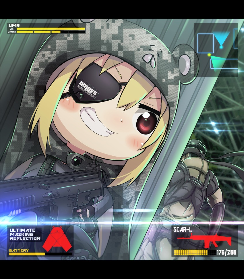 blonde_hair bulletproof_vest camouflage chest_armor cosplay digital_camouflage doma_umaru eyepatch fingerless_gloves gameplay_mechanics gloves gun hair_between_eyes hamster_costume headband heads-up_display highres himouto!_umaru-chan letterboxed metal_gear_(series) metal_gear_solid minimap old_snake old_snake_(cosplay) rif rifle tanashi_(mk2) user_interface v-shaped_eyebrows weapon