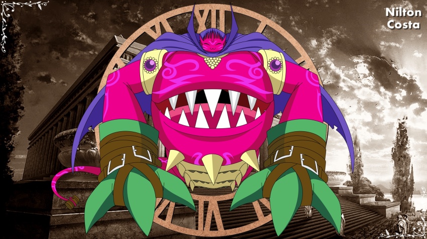 bacchusmon belt cape digimon digimon_(creature) nilton_costa olympos_xii sharp_teeth solo tail teeth