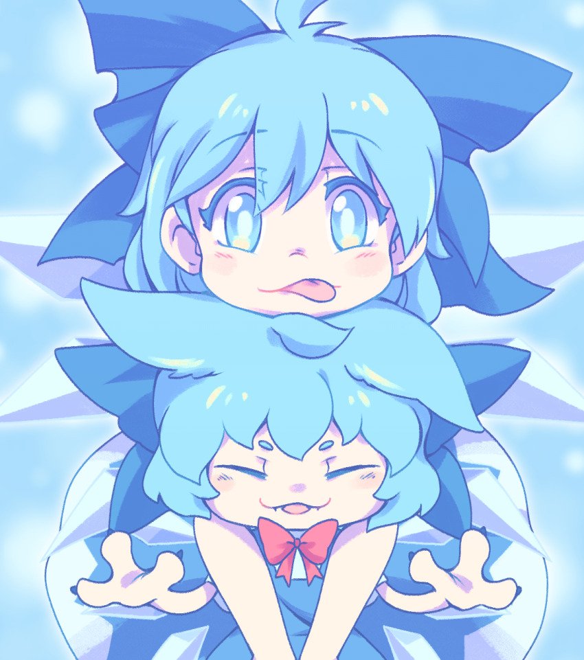 2girls ahoge animal_ears blue_background blue_bow blue_dress blue_eyes blue_hair blush bow bowtie cat_ears cirno cirno_day closed_eyes closed_mouth commentary_request cowboy_shot dress dual_persona guuchama hair_bow highres ice ice_wings kemonomimi_mode looking_at_viewer multiple_girls red_bow red_bowtie short_hair sleeveless sleeveless_dress smile tongue tongue_out touhou wings