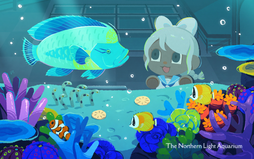 1girl air_bubble animal_crossing aquarium bow braid bubble clownfish coral dark-skinned_female dark_skin fish garden_eel grey_hair hair_bow highres nintendo open_mouth ponytail roy_(pixiv992911) sailor_collar sand_dollar solo villager_(animal_crossing)