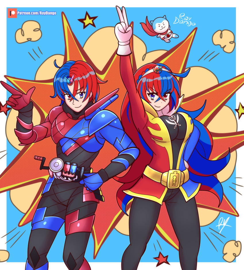 1boy 1girl absurdres ahoge animal arm_up armor asymmetrical_gloves belt black_bodysuit blue_armor blue_background blue_eyes blue_gloves blue_hair bodysuit braid breasts build_driver character_hair_ornament cosplay crossover dog dual_persona explosion female_alear_(fire_emblem) fire_emblem fire_emblem_engage flying_kick fullbottle fusion gloves gokai_blue gokai_blue_(cosplay) gokai_red gokai_red_(cosplay) gold gold_belt hair_ornament hairband hand_on_own_hip heterochromia highres jacket kaizoku_sentai_gokaiger kamen_rider kamen_rider_(1st_series) kamen_rider_1 kamen_rider_1_(cosplay) kamen_rider_build kamen_rider_build_(cosplay) kamen_rider_build_(series) kicking large_breasts long_hair male_alear_(fire_emblem) mismatched_gloves multicolored_hair multicolored_jacket nintendo pants pirate print_bodysuit rabbit+tank_form raydango red_armor red_eyes red_gloves red_hair red_scarf rider_belt rider_kick scarf short_hair smile sommie_(fire_emblem) star_(symbol) super_sentai two-tone_hair two-tone_jacket typhoon_(kamen_rider) v white_gloves
