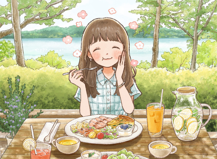1girl blueberry blush_stickers bracelet brown_hair bush cafe chewing closed_eyes collared_shirt cup dappled_sunlight drinking_straw earrings facing_viewer flower food fork fruit hand_on_own_cheek hand_on_own_face hands_up holding holding_fork ice ice_cube jewelry lake lavender_(flower) lemon lemon_slice lettuce long_hair meal meat mug original outdoors picnic_table pitcher_(container) plaid_clothes plaid_shirt plant plate potato pov_across_table pudding quiche restaurant salad sauce shirt short_sleeves smile solo soup sunlight table tokoyu tomato tree water wooden_table