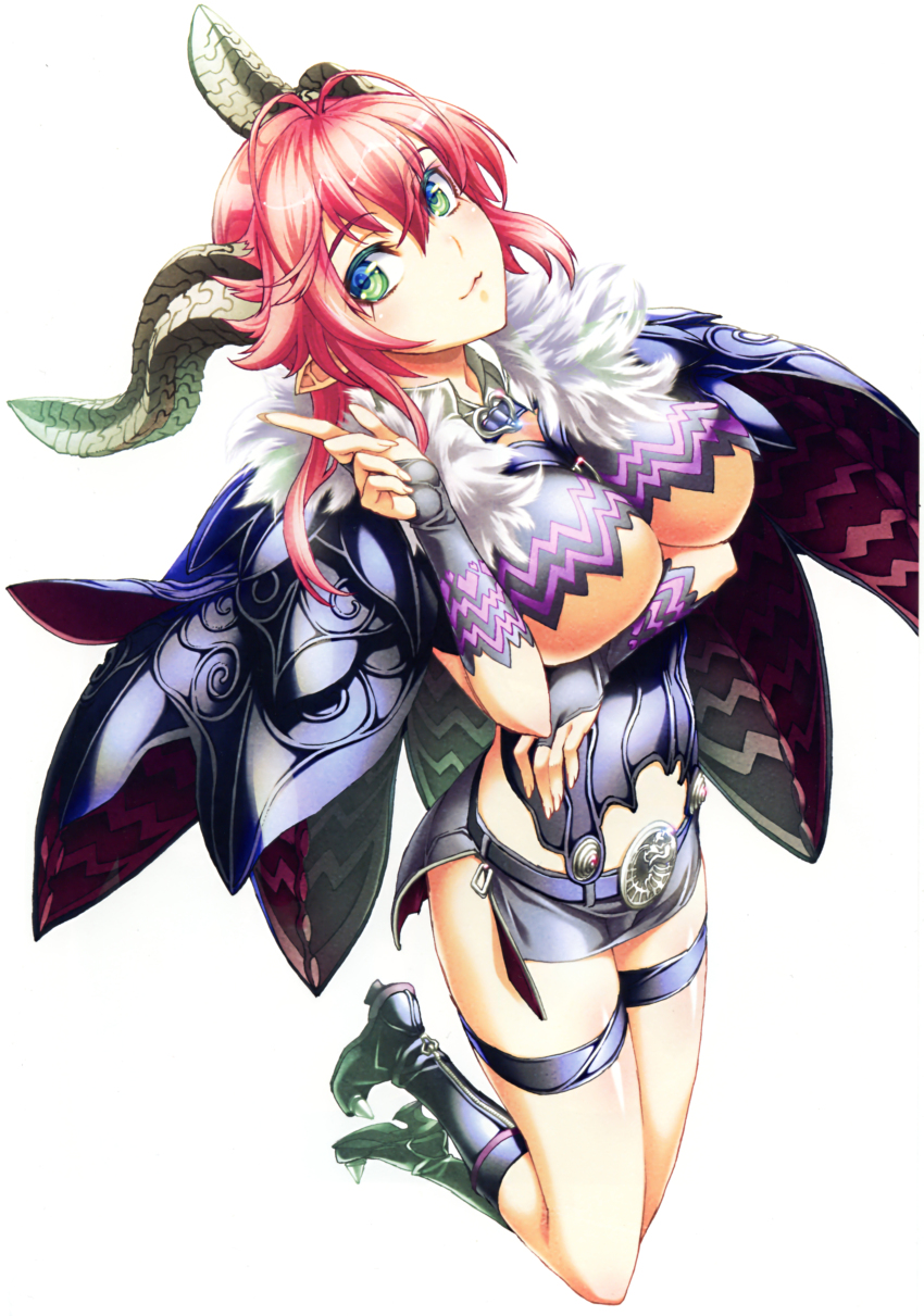 1girl absurdres antenna_hair asmodeus_(sin_nanatsu_no_taizai) asmodeus_(the_seven_deadly_sins) belt black_boots black_skirt boots breast_hold breasts bridal_gauntlets closed_mouth covered_erect_nipples demon_girl demon_horns female_focus fingernails full_body fur_trim green_eyes hair_between_eyes hand_up highres horns index_finger_raised knee_boots large_breasts long_fingernails long_hair microskirt nishii_(damnedrive) official_art pencil_skirt pink_hair pointy_ears shoes side_slit simple_background sin_nanatsu_no_taizai skirt solo spiked_shoes spikes the_seven_deadly_sins thigh_strap underboob white_background