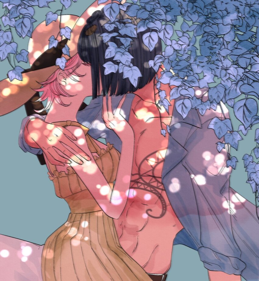 1boy 1girl abs anshamemorand bare_pectorals black_hair bruno_bucciarati dress flower hat hetero highres jojo_no_kimyou_na_bouken kiss open_clothes open_shirt pectorals pink_hair shirt toned toned_male trish_una vento_aureo