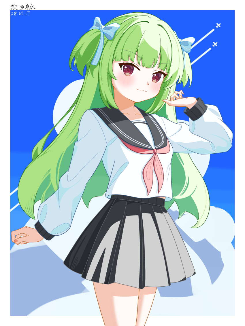 1girl 96du_water :3 absurdres alternate_costume black_sailor_collar black_skirt blue_bow blue_sky blunt_bangs blunt_ends blush border bow chinese_commentary closed_mouth cloud commentary_request contrail cowboy_shot cumulonimbus_cloud dated day green_hair hair_bow hair_intakes hand_up highres hime_cut long_hair long_sleeves looking_at_viewer miniskirt murasame_(senren) neckerchief outdoors outside_border pleated_skirt red_eyes red_neckerchief sailor_collar school_uniform senren_banka serafuku shirt sidelighting sidelocks signature skirt sky smile solo two_side_up very_long_hair white_border white_shirt