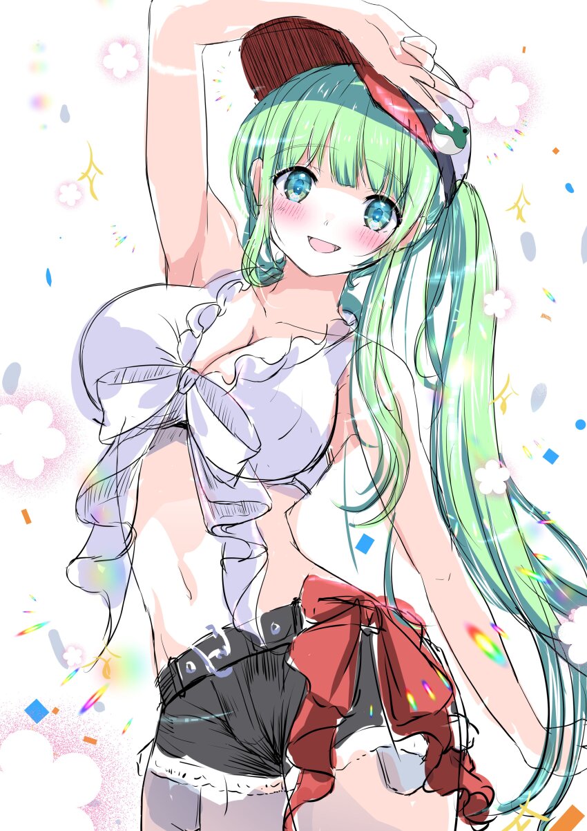 1girl absurdres alternate_costume armpits bikini bikini_top_only black_shorts blush breasts cleavage collarbone commentary frog_hat_ornament green_eyes green_hair hair_tubes hat highres kochiya_sanae kochiya_sanae_(new_god_of_the_beach) large_breasts long_hair looking_at_viewer navel open_mouth ponytail shorts smile solo swimsuit tomo_(uguisu-tei) touhou touhou_lostword v very_long_hair white_bikini
