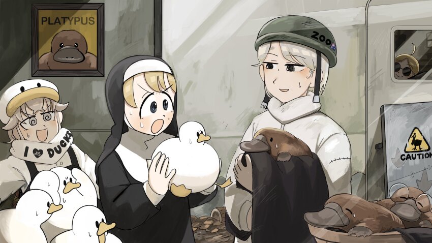 4girls :d :o @_@ ahoge australian_flag australian_flag_print bird black_overalls blonde_hair blue_eyes cassowary_keeper_(diva) chicken clothes_writing clumsy_nun_(diva) commentary diva_(hyxpk) door duck duck_hat english_commentary flag_print glasses grey_hair habit helmet highres kangaroo_keeper_(diva) little_nuns_(diva) multiple_girls nun open_mouth overalls penguin_keeper_(diva) platypus round_eyewear scarf shield shirt short_hair slice_of_life smile sunglasses traditional_nun white_scarf white_shirt zoo zookeeper zookeepers_(diva)