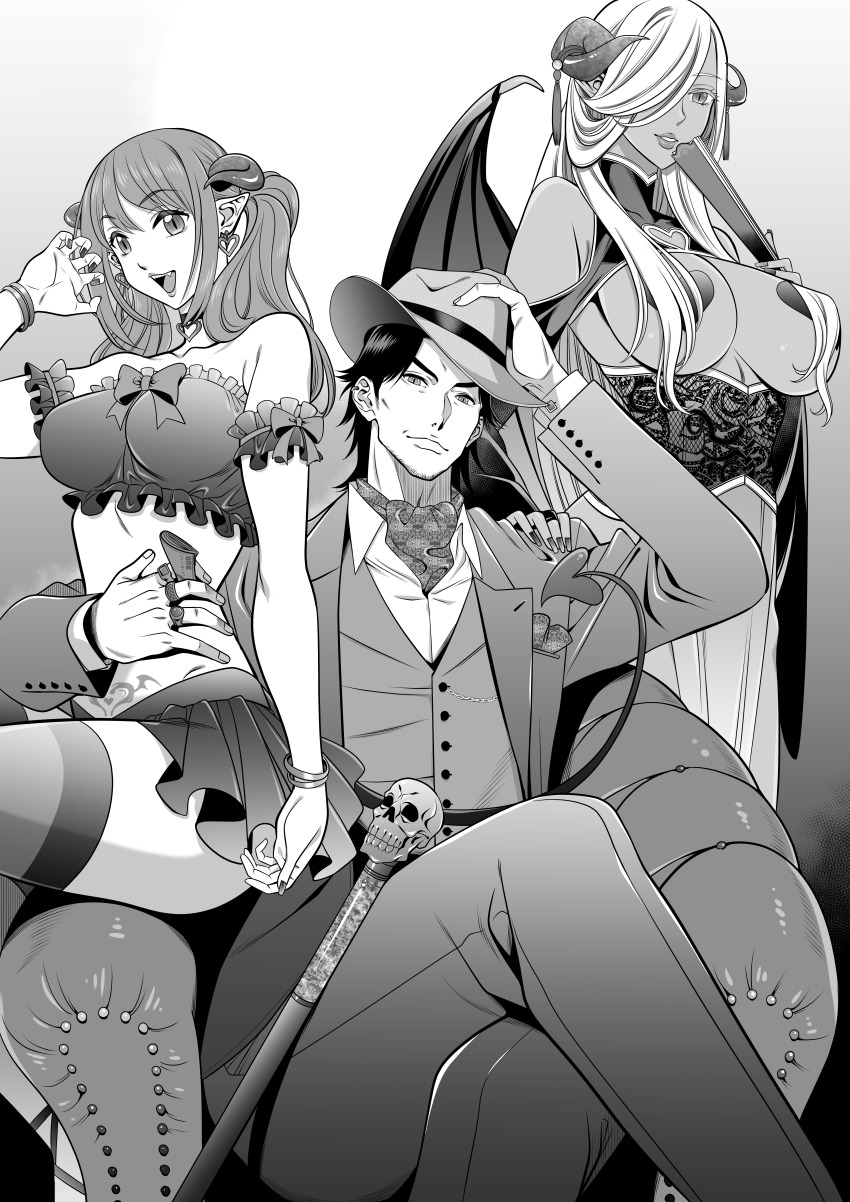 1boy 2girls absurdres cane commission dark-skinned_female dark_skin demon_girl demon_horns demon_wings greyscale hanzaki_jirou heart_pasties highres holding holding_cane holding_money horns money monochrome multiple_girls original pasties pimp pimp_hat skeb_commission tattoo wings