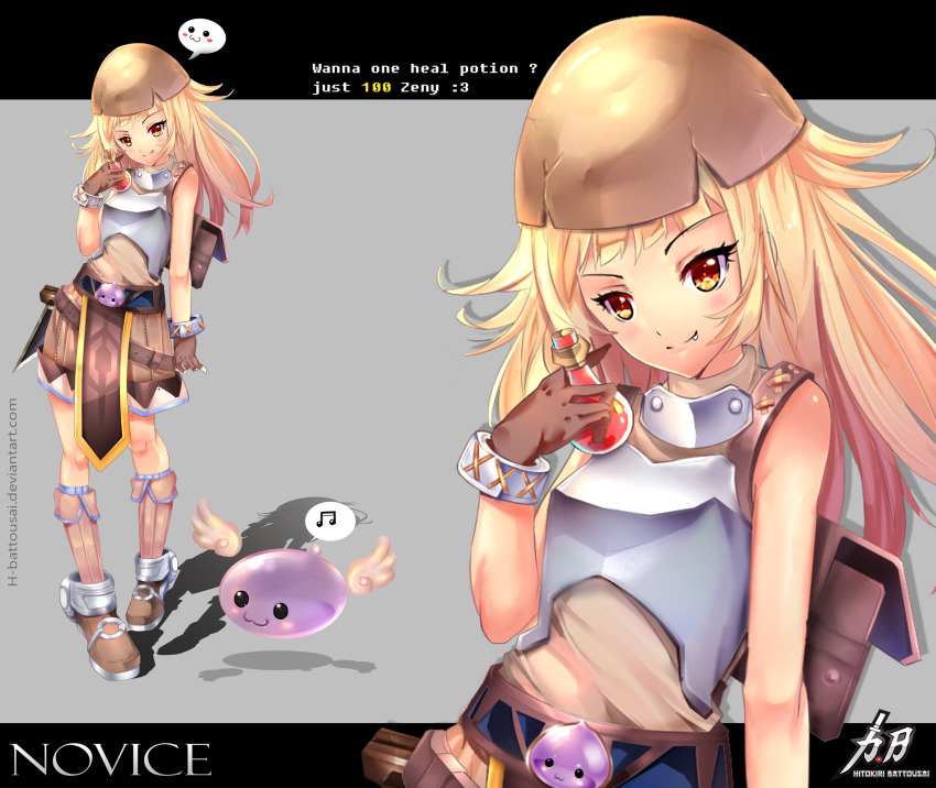 1girl :3 angel_wings archangeling backpack bag blonde_hair blunt_bangs blush boots bottle brown_bag brown_boots brown_gloves brown_shorts chest_guard closed_mouth commentary eggshell_hat english_commentary english_text fang fang_out full_body gloves grey_background grey_shirt highres hitokiri_battousai holding holding_bottle long_hair looking_at_viewer novice_(ragnarok_online) orange_eyes pelvic_curtain potion ragnarok_online shirt shorts sleeveless sleeveless_shirt slime_(creature) smile wings zoom_layer