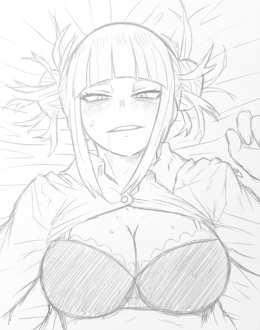1girl absurdres bed blunt_bangs blush boku_no_hero_academia bra breasts cleavage double_bun greyscale hair_bun highres james_ls large_breasts messy_hair monochrome shirt sidelocks sketch slit_pupils solo toga_himiko underwear