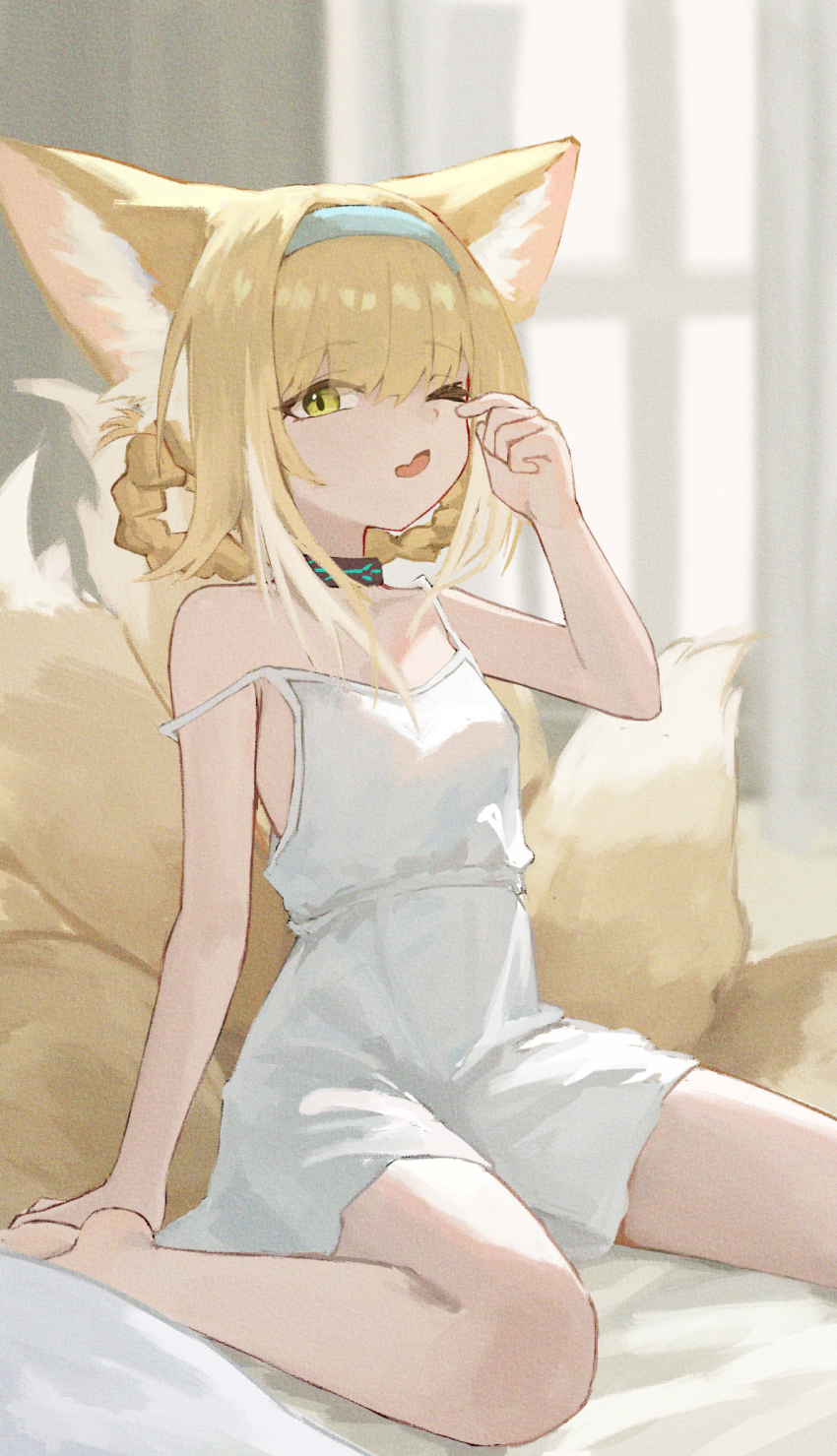 1girl alternate_costume animal_ear_fluff animal_ears arknights bare_arms bare_shoulders blonde_hair blue_hairband braid braided_hair_rings dress fox_ears fox_girl fox_tail haimaotuanzi hair_rings hairband highres long_hair looking_at_viewer multiple_tails one_eye_closed open_mouth sitting sleeveless sleeveless_dress solo suzuran_(arknights) tail wariza white_dress