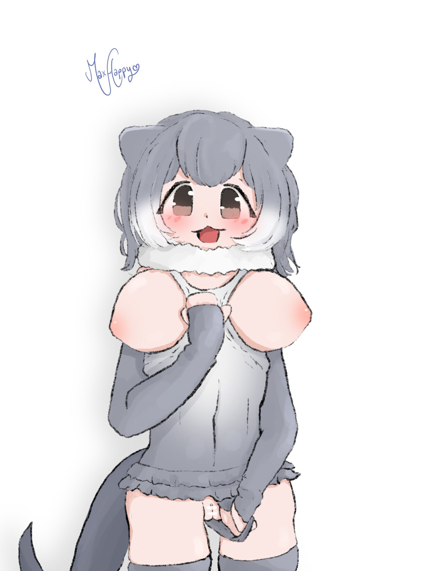 :d absurdres animal_ears blush breasts breasts_out censored clothes_pull fingerless_gloves fur_collar gloves grey_hair grey_one-piece_swimsuit highres kemono_friends kemono_friends_3 maxhappy multicolored_hair navel one-piece_swimsuit open_mouth otter otter_ears otter_girl otter_tail short_hair small-clawed_otter_(kemono_friends) smile swimsuit tail thighhighs white_hair