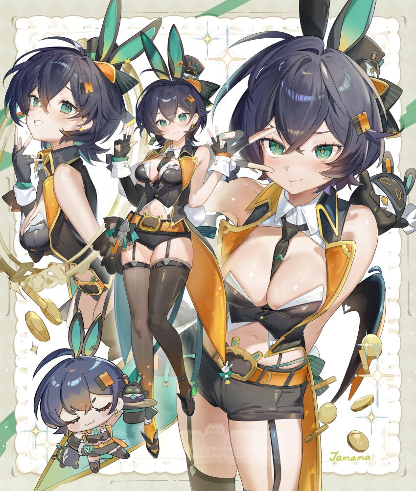 1girl :3 absurdres alternate_costume animal_ear_hairband animal_ears asymmetrical_gloves bangboo_(zenless_zone_zero) bare_shoulders belle_(zenless_zone_zero) belt between_breasts black_gloves black_hat black_necktie black_shorts blue_hair blush border breasts brown_thighhighs chibi closed_eyes closed_mouth coin commentary cowboy_shot crossed_bangs detached_collar earrings elbow_gloves fake_animal_ears fingerless_gloves from_side full_body garter_straps gloves green_eyes green_nails grey_border hair_between_eyes hair_ornament hairband hands_up hat highres holding holding_unworn_clothes holding_unworn_hat jamama jewelry large_breasts leaning_forward letter_hair_ornament looking_at_viewer micro_shorts mismatched_earrings multiple_views navel necktie necktie_between_breasts open_clothes rabbit_ears red_pupils short_hair shorts single_elbow_glove sparkle symbol-only_commentary thighhighs uneven_gloves unworn_hat unworn_headwear v v-shaped_eyebrows v_over_eye w white_background white_wrist_cuffs wrist_cuffs zenless_zone_zero