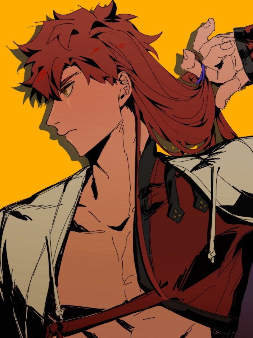 1boy alternate_hair_length alternate_hairstyle emiya_shirou expressionless fate/grand_order fate_(series) hair_tie highres holding holding_hair_tie igote japanese_clothes long_hair looking_to_the_side male_focus orange_hair pectoral_cleavage pectorals profile red_hair senji_muramasa_(fate) serious si_ihic simple_background solo upper_body yellow_eyes