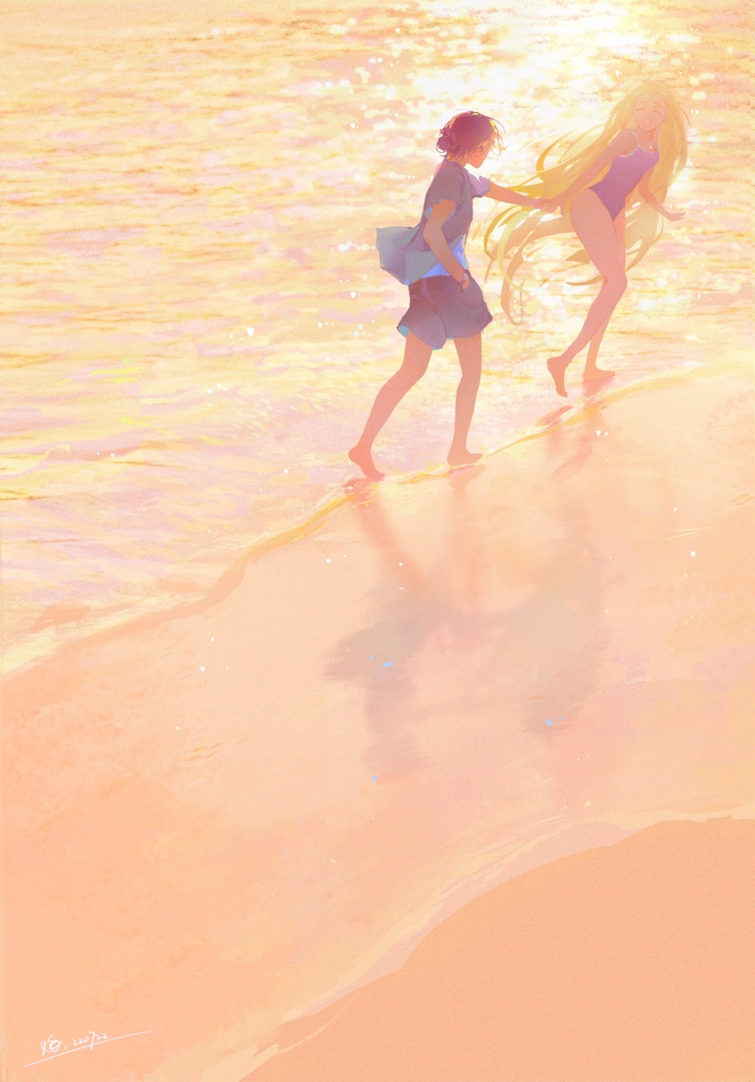 1boy 1girl absurdres ajiro_shinpei ayan477845 barefoot beach black_hair black_shorts blonde_hair blue_one-piece_swimsuit blue_shirt breasts chinese_commentary closed_eyes commentary_request competition_school_swimsuit full_body hand_in_pocket highres holding_hands kofune_ushio long_hair medium_breasts one-piece_swimsuit open_mouth outdoors school_swimsuit shirt short_hair short_sleeves shorts smile standing summertime_render sunset swimsuit very_long_hair walking watch water wristwatch