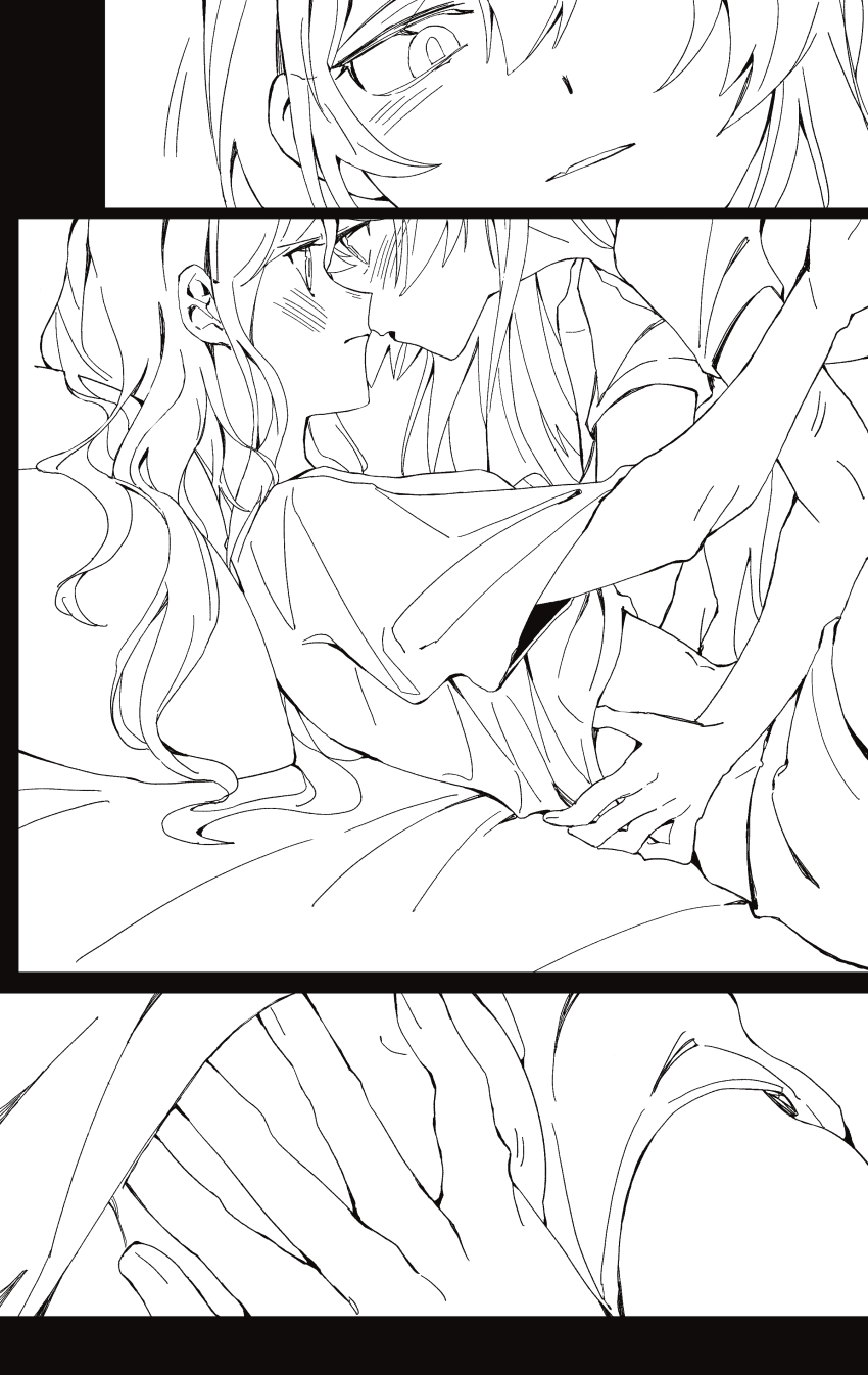 2girls absurdres bang_dream! bang_dream!_it&#039;s_mygo!!!!! blush chihaya_anon chinese_commentary closed_mouth clothes_lift commentary_request commission fang greyscale hand_on_another&#039;s_waist highres lanserongjie long_hair monochrome multiple_girls nagasaki_soyo open_mouth second-party_source shirt shirt_lift skin_fang smile yuri