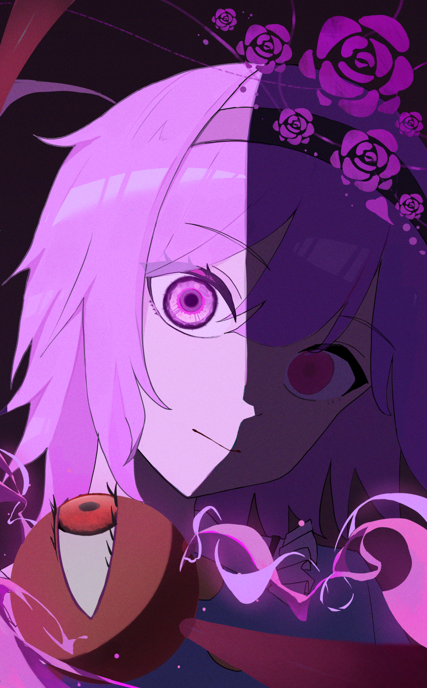 1girl absurdres blue_shirt commentary expressionless eyeball flower frills hairband head_tilt highres komeiji_satori looking_at_viewer medium_hair palulap pink_eyes pink_hair pink_theme red_eyes rose shaded_face shirt solo third_eye touhou
