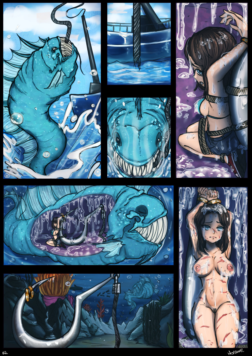 absurdres anxious bait bikini bikini_top bikini_top_only blue_eyes boat bracelet brown_hair deep_water female fish fish_hook fishing fishing_lure gold harumi_mizu highres jewelry legs_together monster ocean original restrained restraints rope rope_bondage shorts sleeping stomach swallowed_whole swimsuit trapped vore watercraft x-ray