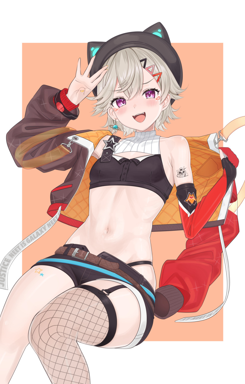 1girl :d animal_hat arm_tattoo belt black_hat black_shorts blush border brown_belt cat_hat commentary_request crop_top detached_sleeves double-parted_bangs earrings facial_mark fangs fishnet_thighhighs fishnets flat_chest garter_straps grey_hair hair_between_eyes hair_ornament hairclip hat highres jacket jacket_partially_removed jewelry komori_met komori_met_(5th_costume) looking_at_viewer midriff navel open_clothes open_fly open_mouth orange_background panty_straps purple_eyes quilted_jacket shorts simple_background single_detached_sleeve single_earring single_strap single_thighhigh smile solo tattoo teeth thighhighs tojo_aoi two-sided_fabric two-sided_jacket upper_teeth_only virtual_youtuber vspo! white_border