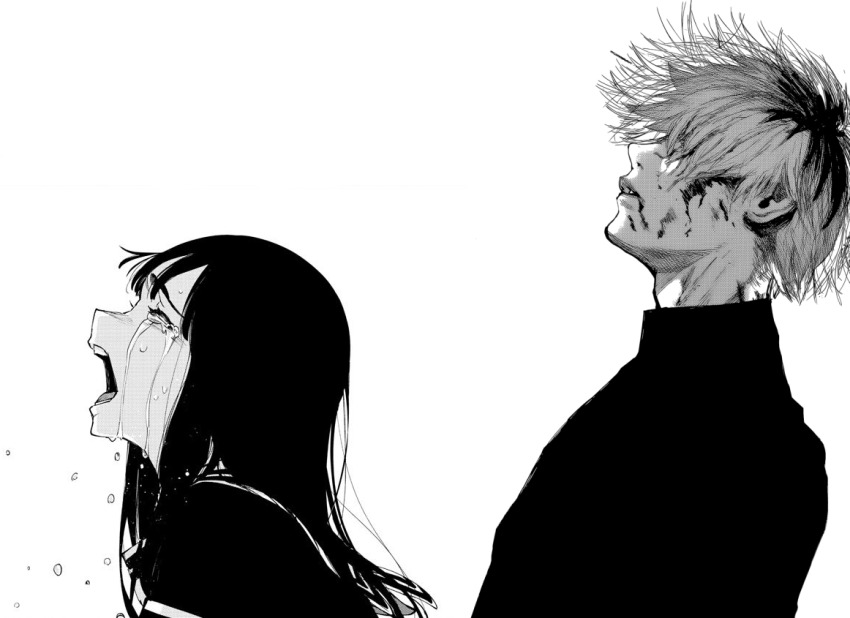 1boy 1girl asagiri_aya black_serafuku blood blood_on_face closed_eyes commentary_request covered_eyes crying crying_asagiri_aya_(meme) ears from_side height_difference implied_rape implied_sex ishida_sui kaneki_ken kaneki_profile_picture_(meme) long_hair long_sleeves looking_to_the_side looking_up mahou_shoujo_site meme monochrome nose official_art open_mouth parted_lips profile sailor_collar satou_kentarou school_uniform self-upload serafuku short_hair simple_background tears teeth third-party_edit tokyo_ghoul tongue turtleneck upper_body username_haoto what white_background white_hair
