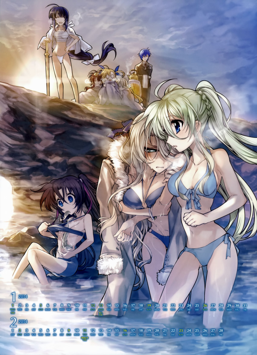 10s 2014 absurdres bikini blonde_hair breasts calendar character_request cleavage einhard_stratos highres lyrical_nanoha mahou_shoujo_lyrical_nanoha_vivid mikaya_chevelle multiple_girls sarashi sieglinde_eremiah swimsuit viktoria_dahlgrun vivio