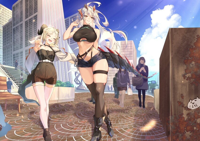 2girls 6+others absurdres arknights bench black_footwear black_shorts black_thighhighs blonde_hair blue_sky breasts building city clothing_cutout crop_top day demon_horns denim denim_shorts dragon_horns grey_hair high-waist_shorts highres horns ifrit_(arknights) long_hair multiple_girls multiple_others open_fly open_mouth orange_eyes outdoors pointing saria_(arknights) short_hair shorts sky stairs tail tamazon thigh_strap thighhighs tile_floor tiles turtleneck twintails underboob_cutout