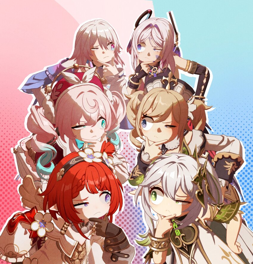 1girl 3d 6+girls :&lt; :c aqua_bow aqua_bowtie aqua_hair barbara_(genshin_impact) ben-day_dots blonde_hair blue_background blue_eyes bow bowtie bracelet citlali_(genshin_impact) commentary cross-shaped_pupils crossover dress drill_hair english_commentary facial_mark film_grain floating_headgear frown genshin_impact green_eyes green_hair hair_between_eyes hair_ornament half-closed_eye half_crown_braid hand_on_own_chin hand_on_own_hip hat headgear highres honkai:_star_rail honkai_(series) hyacine_(honkai:_star_rail) jewelry leaf_hair_ornament littleredhoodd long_hair looking_at_viewer march_7th_(honkai:_star_rail) march_7th_(preservation)_(honkai:_star_rail) multicolored_hair multiple_girls nahida_(genshin_impact) outline pink_background pink_hair pointy_ears raised_eyebrow red_hair red_hat screentones side_ponytail symbol-shaped_pupils triangle triangle_facial_mark tribbie_(honkai:_star_rail) twintails voice_actor_connection white_dress white_hair white_outline