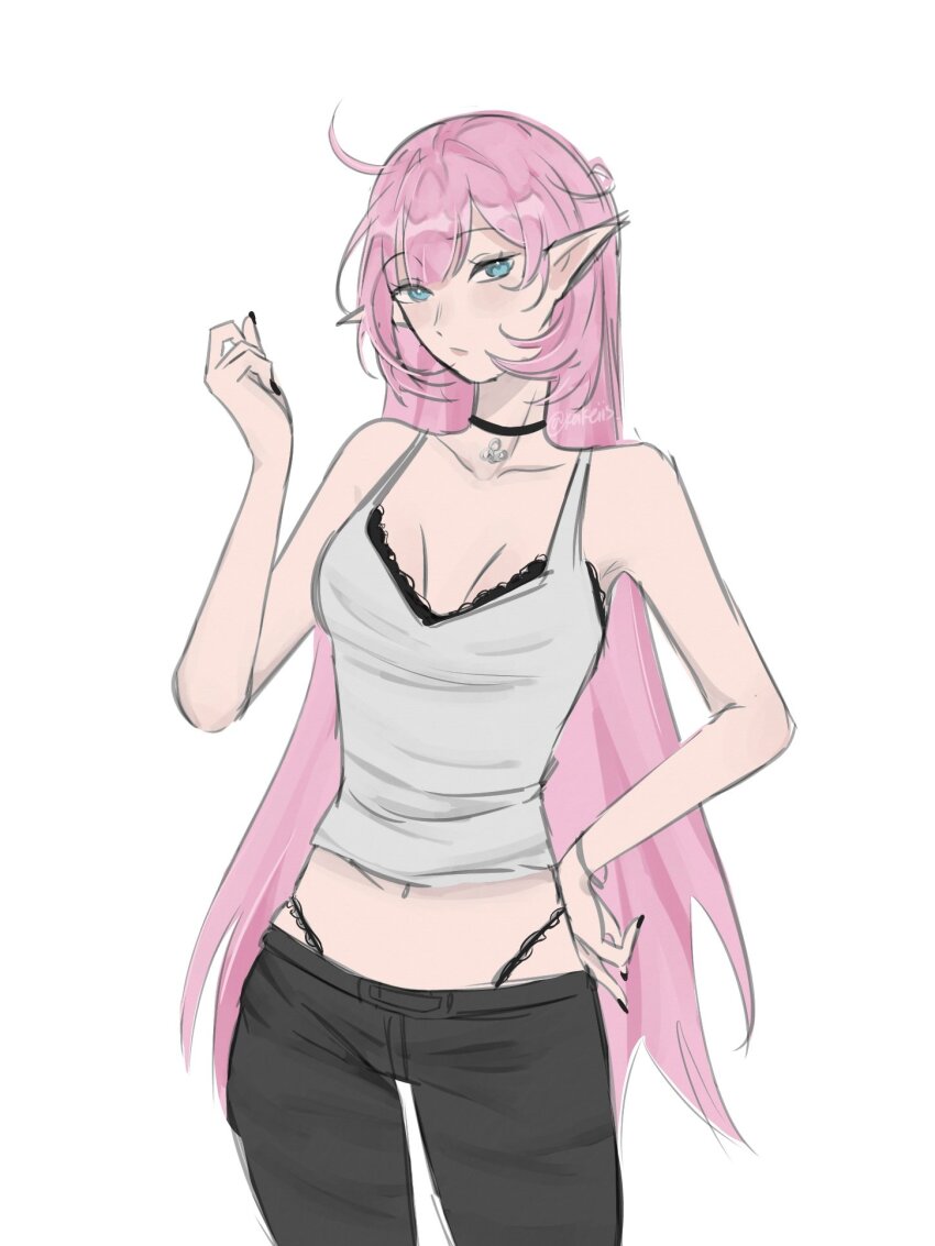 1girl alternate_costume black_bra black_choker black_nails black_panties black_pants blue_eyes bra bra_peek breasts camisole choker cleavage commentary elf elysia_(honkai_impact) english_commentary highres honkai_(series) honkai_impact_3rd keikeiis large_breasts long_hair midriff navel panties pants panty_straps pink_hair pointy_ears simple_background solo underwear very_long_hair white_background white_camisole