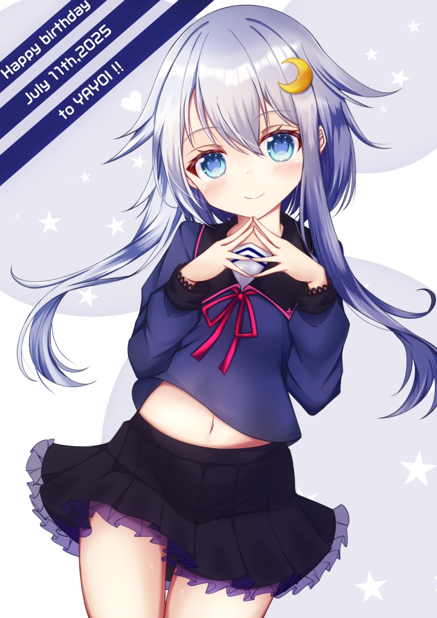 1girl ahoge birthday black_sailor_collar blue_eyes blue_serafuku blush cowboy_shot crescent crescent_hair_ornament cvtm hair_between_eyes hair_ornament highres kantai_collection long_hair long_sleeves looking_at_viewer pleated_skirt purple_background purple_hair ribbon sailor_collar school_uniform serafuku shirt short_hair short_hair_with_long_locks skirt smile solo yayoi_(kancolle)