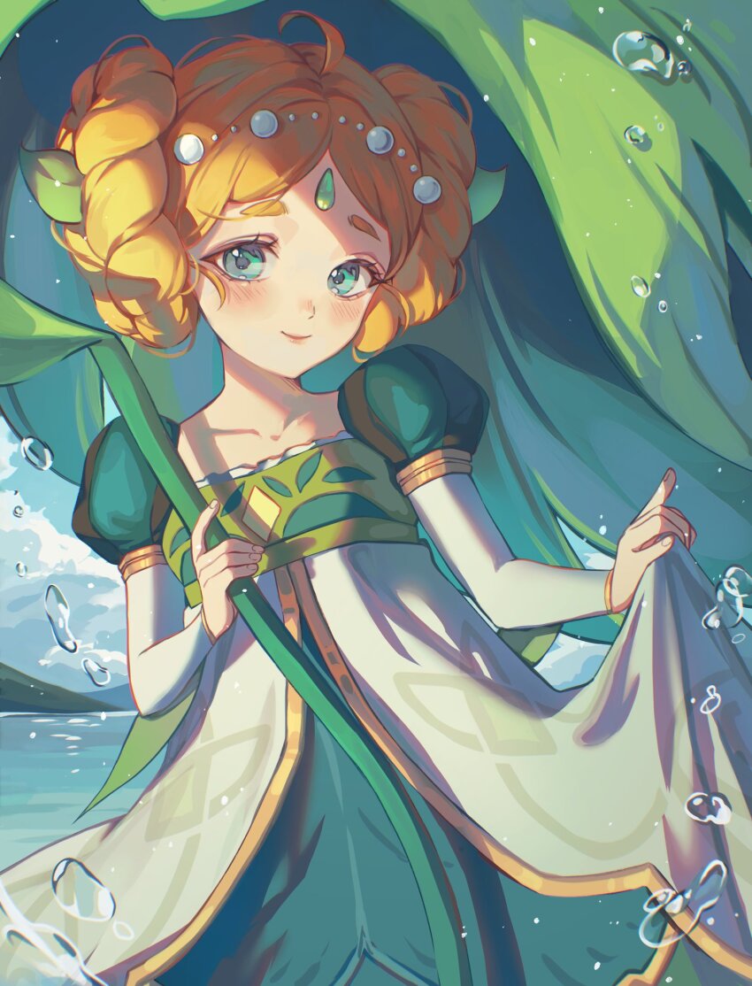 1girl afk_(series) afk_journey ahoge braid braided_hair_rings brown_hair chikenryice closed_mouth cowboy_shot double-parted_hair dress forehead forehead_jewel green_eyes hair_rings hewynn_(afk) highres holding holding_leaf jewelry layered_sleeves leaf leaf_umbrella logo long_sleeves looking_at_viewer outdoors puffy_short_sleeves puffy_sleeves short_eyebrows short_hair short_over_long_sleeves short_sleeves sidelighting skirt_hold smile solo standing thick_eyebrows twin_braids water_drop white_dress