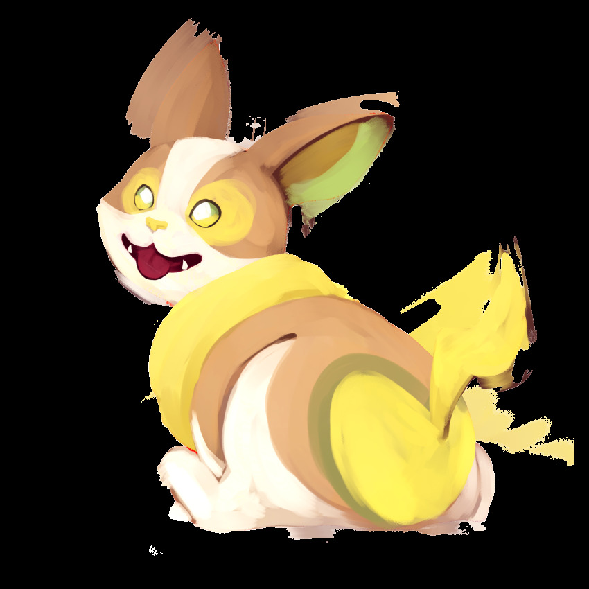 animal_focus commentary creature dog english_commentary fangs full_body gen_8_pokemon highres looking_at_viewer looking_back nintendo no_humans pokemon pokemon_(creature) ruderubicante simple_background sitting solo tongue tongue_out white_background yamper yellow_eyes