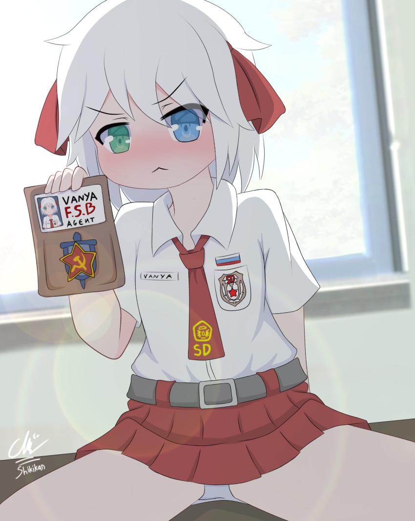 1girl absurdres blush child female_focus hammer_and_sickle highres id_card indonesia looking_at_viewer original panties russia school_uniform shikiki sitting solo soviet thighhighs underwear white_hair white_panties