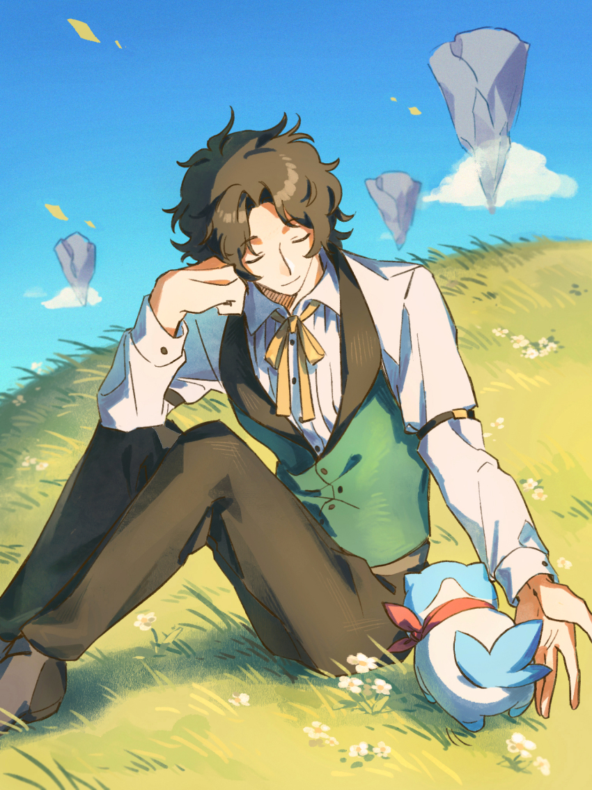 1boy black_hair buttons closed_eyes closed_mouth fire_emblem fire_emblem_engage grass hahahashagi highres long_sleeves louis_(fire_emblem) nintendo on_grass ribbon shirt short_hair sitting sky solo sommie_(fire_emblem) vest waistcoat white_shirt