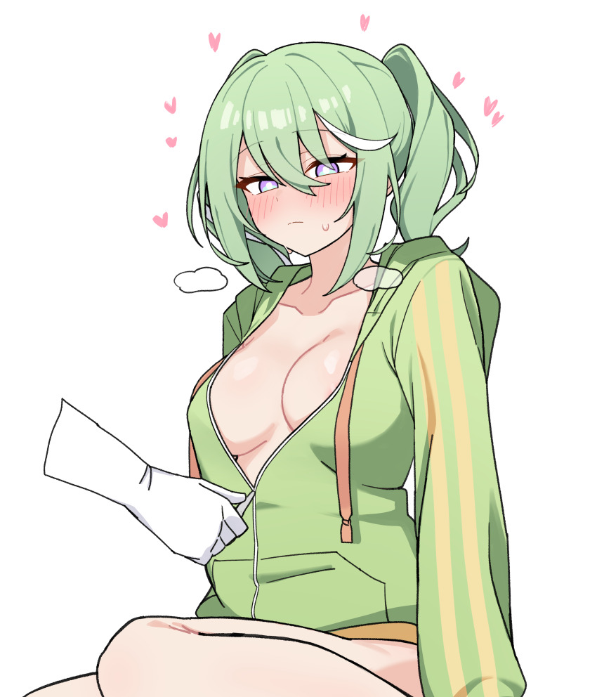 1girl 1other absurdres arm_at_side blush breasts bright_pupils closed_mouth collarbone commentary disembodied_hand green_hair green_jacket hair_between_eyes heart highres jacket korean_commentary large_breasts long_bangs long_sleeves loving_aura maksagwa medium_hair multicolored_hair naked_jacket purple_eyes simple_background solo_focus steam stellive streaked_hair sweat unzipping virtual_youtuber white_background white_pupils yuzuha_riko