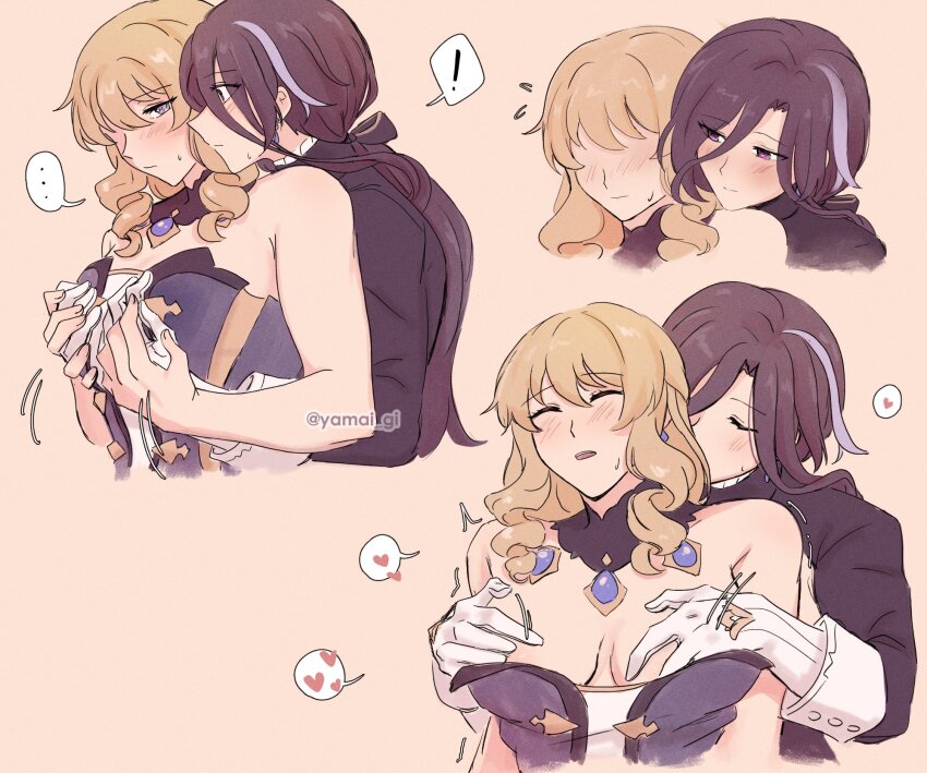 ... 2girls bare_arms bare_shoulders black_coat blonde_hair blue_dress blue_eyes blush clorinde_(genshin_impact) closed_eyes closed_mouth coat commentary dress english_commentary flying_sweatdrops genshin_impact gloves grabbing_another&#039;s_breast grabbing_from_behind groping heart highres kaiyamon long_hair multicolored_hair multiple_girls navia_(genshin_impact) parted_lips purple_eyes purple_hair simple_background smile spoken_ellipsis spoken_heart strapless strapless_dress streaked_hair sweat white_gloves yellow_background yuri
