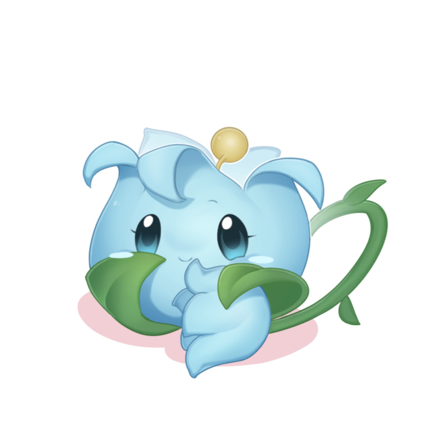 blue_eyes blue_flower blush_stickers chinese_commentary closed_mouth commentary_request flower flower_focus hand_on_own_cheek hand_on_own_face leaf lily_of_pharmacy looking_at_viewer no_humans plants_vs._zombies plants_vs._zombies_2 plants_vs._zombies_2_(chinese) shadow simple_background smile solid_oval_eyes solo veghia white_background