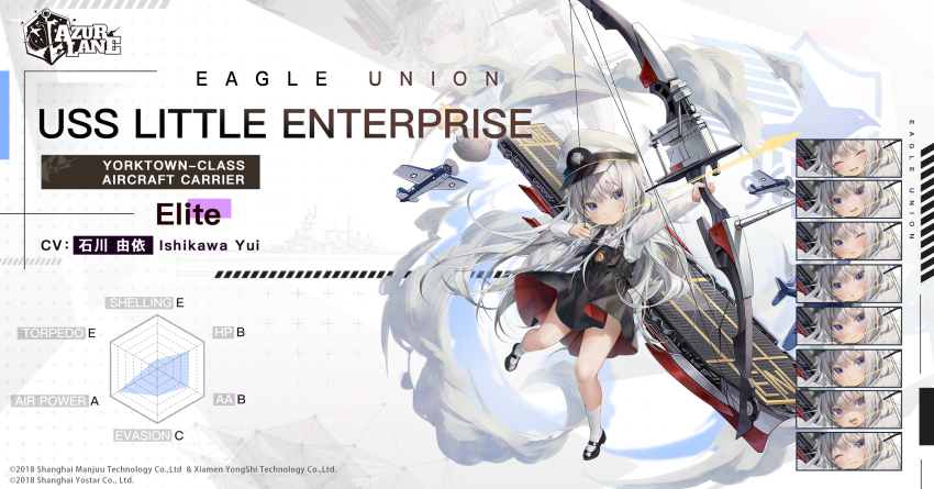 1girl aged_down aircraft airplane azur_lane baby_animal bird black_shoes bow_(weapon) character_name chick child collared_shirt compound_bow copyright_name douya_(233) eagle_union_(emblem) f4f_wildcat flight_deck full_body grey_eyes hat highres kneehighs little_enterprise_(azur_lane) long_hair long_sleeves manjuu_(azur_lane) mary_janes military_vehicle multiple_expressions official_art overall_skirt peaked_cap promotional_art propeller_fighter rigging sbd_dauntless shirt shoes silver_hair socks solo very_long_hair weapon white_hat white_shirt white_socks