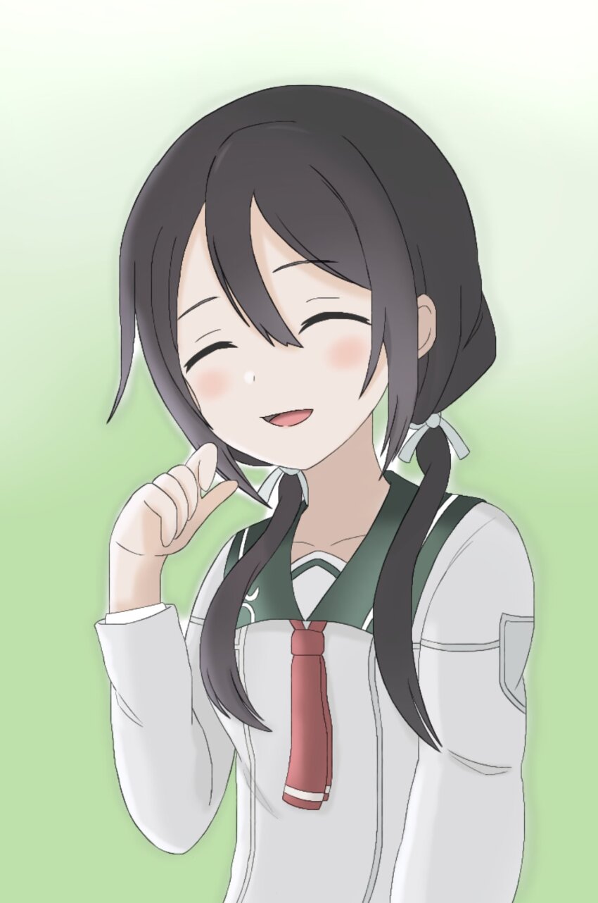 1girl ^_^ black_hair blush closed_eyes collarbone efkbcy1oveu6taw facing_viewer gradient_background green_background green_sailor_collar hair_between_eyes hair_over_shoulder hair_ribbon hand_up highres kusunoki_mebuki kusunoki_mebuki_wa_yuusha_de_aru long_hair long_sleeves low_twintails neckerchief necktie open_mouth red_neckerchief red_necktie ribbon sailor_collar sailor_shirt school_uniform serafuku shirt simple_background smile solo twintails upper_body white_ribbon white_shirt yuusha_de_aru