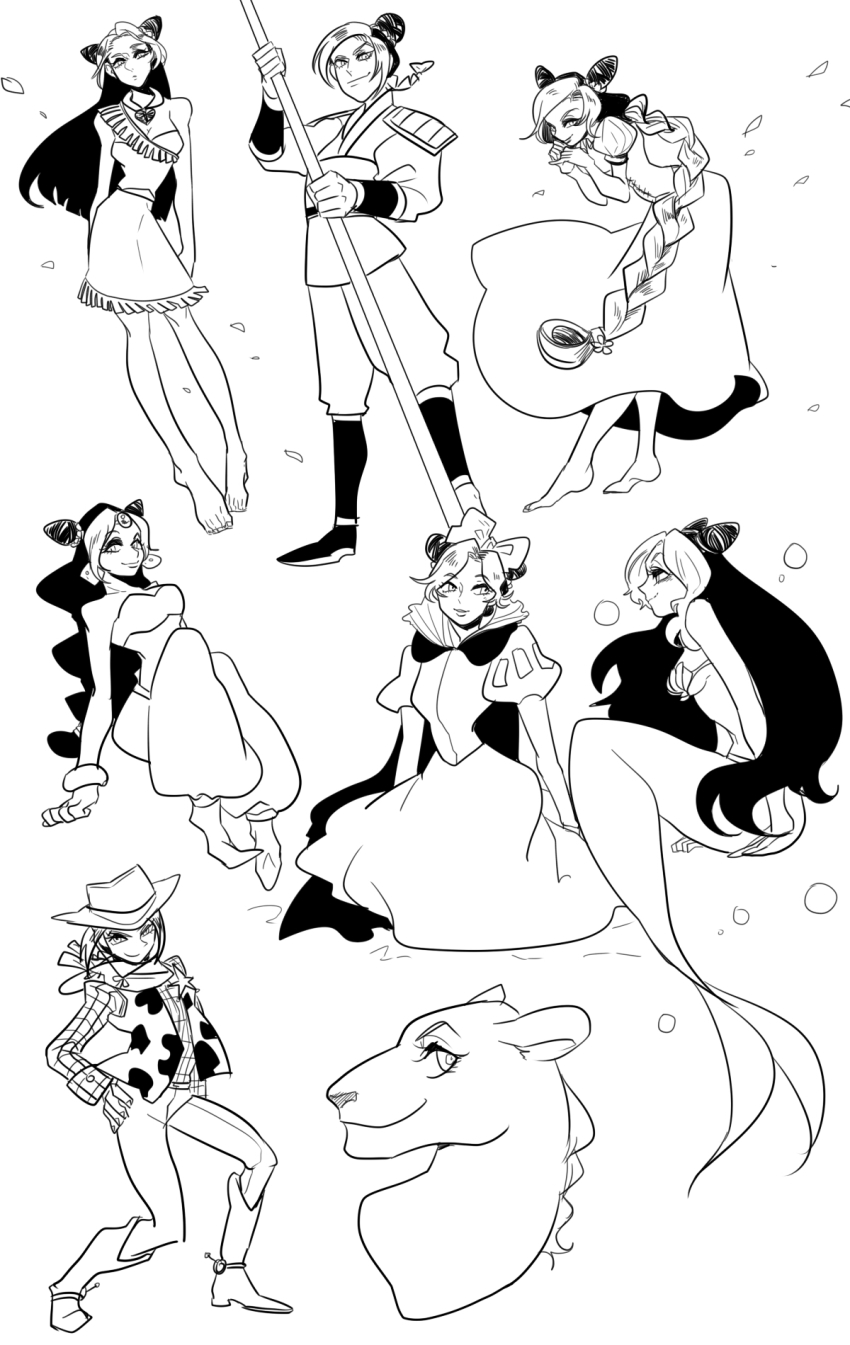 1girl animal_print animalization ariel_(disney) ariel_(disney)_(cosplay) armor aurora_(disney) aurora_(disney)_(cosplay) barefoot boots bracelet braid breasts cleavage cosplay cow_print cowboy_boots cowboy_hat cowboy_western cowgirl_(western) crossdressing disney double_bun earrings fa_mulan_(disney) fa_mulan_(disney)_(cosplay) forehead_jewel greyscale hair_bun hat highres jasmine_(disney) jasmine_(disney)_(cosplay) jessie_the_yodeling_cowgirl jessie_the_yodeling_cowgirl_(cosplay) jewelry jojo_no_kimyou_na_bouken kuujou_jolyne lion long_hair medium_breasts mermaid monochrome monster_girl mulan_(movie) multicolored_hair nancy1209 petals pocahontas_(disney) pocahontas_(disney)_(cosplay) pocahontas_(movie) polearm princess shell shell_bikini shoulder_pads sideboob single_braid snow_white_(disney) snow_white_(disney)_(cosplay) snow_white_and_the_seven_dwarfs spear spurs staff the_lion_king the_little_mermaid_(disney) toy_story two-tone_hair very_long_hair vest weapon